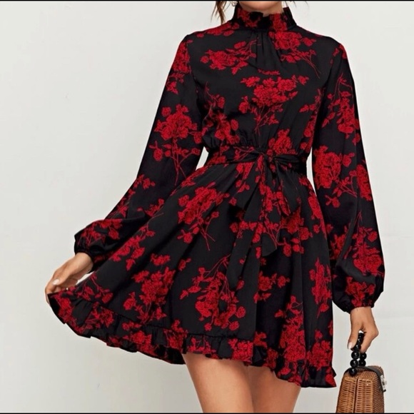 Sexy Floral Print Tied Cutout Back Self Belted Dress - Picture 2 of 7